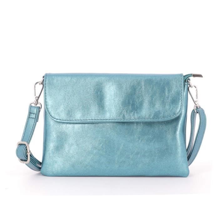 Petit sac bandoulière pochette avec lanière en similicuir irisé - Bleu Canard Petit sac bandoulière pochette avec lanière en similicuir irisé - Bleu Canard