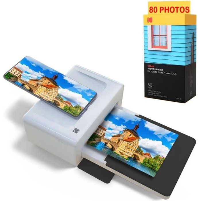 Kodak - Pack Imprimante PD460 + Cartouche et papier pour 80 photos - Photo Bluetooth & Docking - Format Carte Postale 10x15 cm