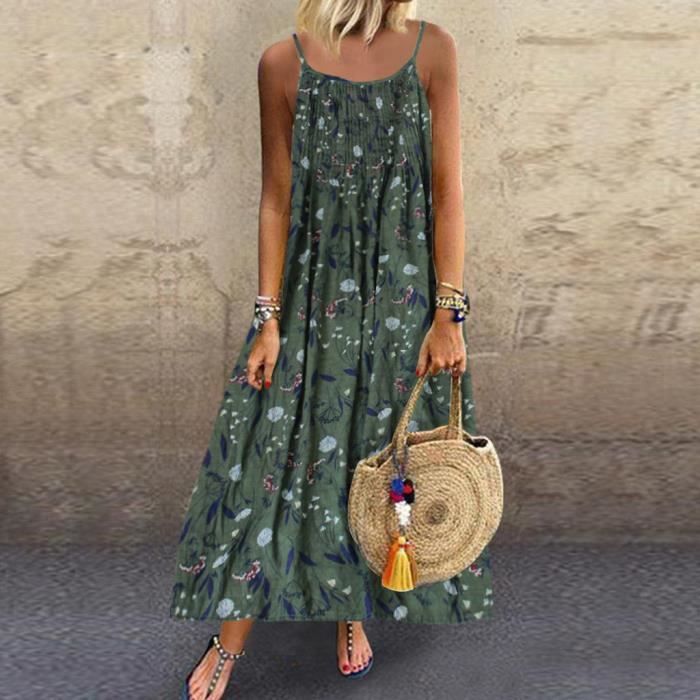 Robe Ete Femme Femme Robe Longue Imprimé Floral Maxi Robe Bohème avec Poches sans Manches Grande Taille Jupe Femme Robe De Soiree Femme Grande Taille Blue S