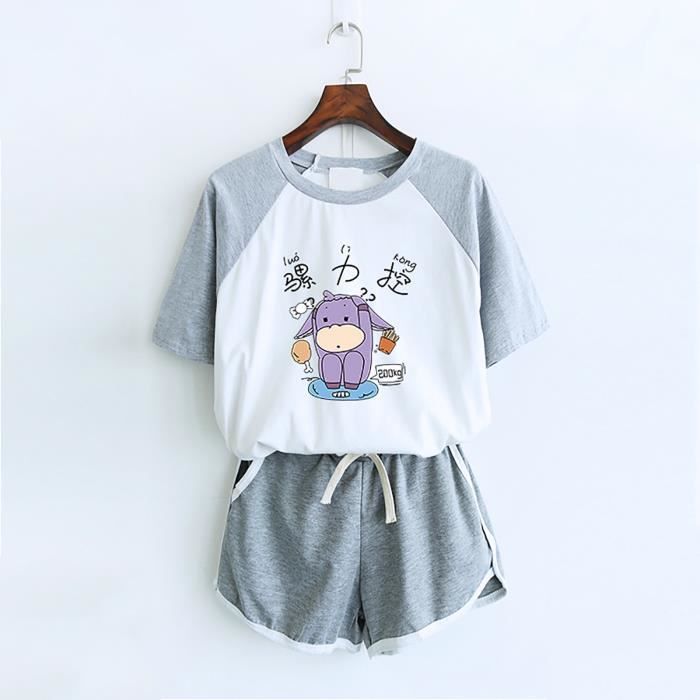 Pyjama Court Fille 2 Pièces - Haut Manches Courtes + Short - Pur Coton - Motif Kawaii - Taille 100 à 150 Cm