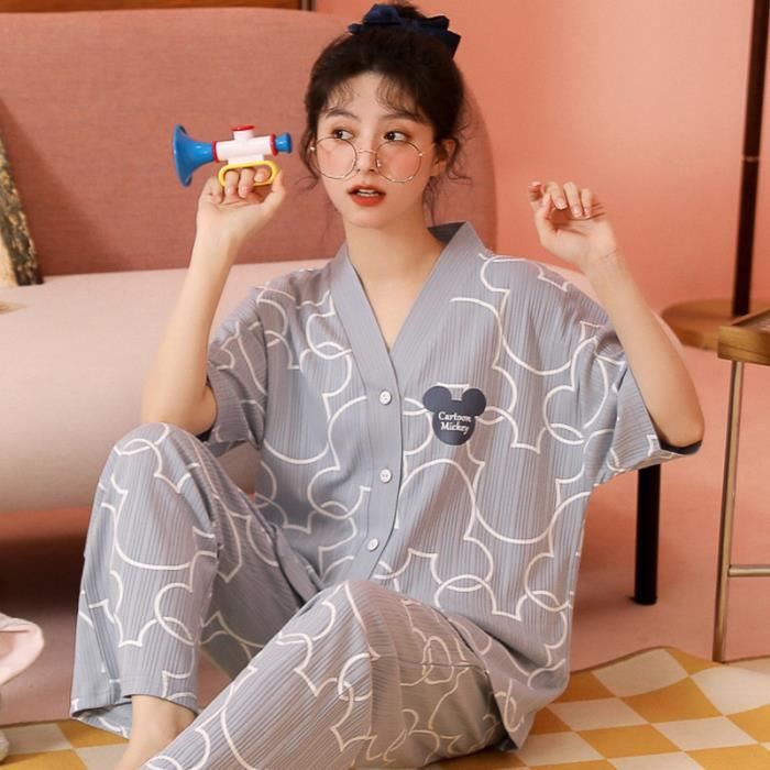 Ensemble De Pyjama à Manches Courtes Et Col En V Pour Femme Et Pantalon Capri - Couleur Contrastée, Bleu, S