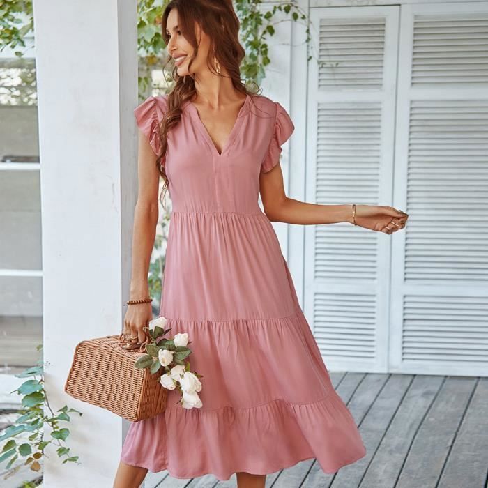 Robe Trapèze Femme En Coton – Longueur Genou, Manches Courtes, Col V, Taille élastique Avec Poches