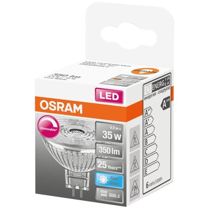 osram spot mr16 led 36° verre variable 4,9w=35 gu5.3 froid