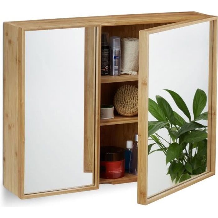 Armoire de salle de bain miroir en bambou RELAXDAYS - 2 portes - HxlxP: 50  x 65 x 14 cm - Noir - Style campagne - Cdiscount Maison