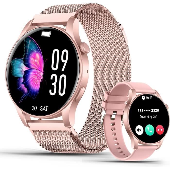 Montre Connectée Femme Élégante 1.27" AMOLED Always-On - Appel Bluetooth, 120+ Sports, SpO2, Cardio, Sommeil, 3 Bracelets Offerts, Or Rose