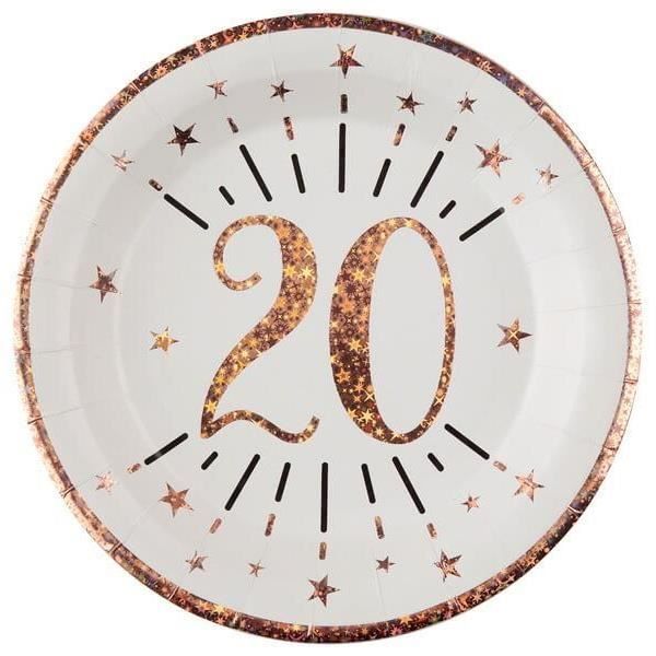 Assiette anniversaire 20 ans blanche et rose gold 22.5cm (x10) REF/7348 Matière carton