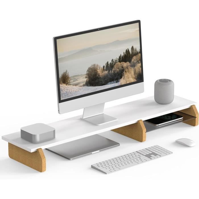 Socle En Bois Massif Pour Moniteur Ou PC Portable - Rehausseur Ergonomique Et Rangement Intégré - Blanc, Noir Ou Bois Naturel