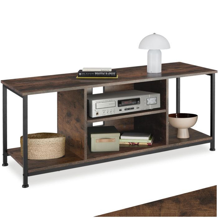 Meuble TV - TECTAKE - Meuble de salon DENVER en bois et acier 4 compartiments et étagère réglable 120 x 40 x 505 cm - Bois foncé