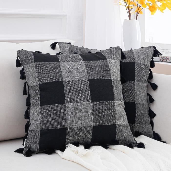 Topfinel Housse Coussin 60x60 cm en Coton et Lin Avec des Franges  Décoration Canapé de Salon Noir et Gris - Cdiscount Maison