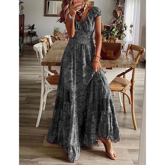 Robe Maxi D ete pour Femme Boheme Gris Manches Courtes Col V Coupe Ample Gris Cdiscount Pret a Porter
