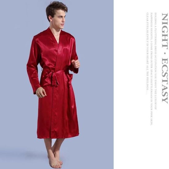 Peignoir Homme Long En Satin Soyeux - Léger, Manches Longues, Col V, Avec Ceinture Et Poches - Couleur Bleu Ou Noir - 8