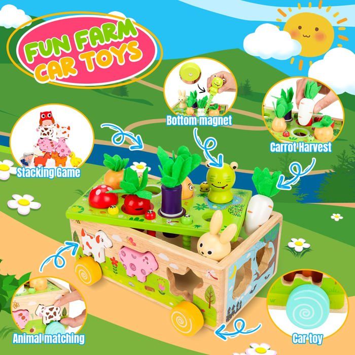 Jouet Montessori 6 En 1 MutoToy - Bois Naturel, éducatif 1-3 Ans : Tri, Pêche, Empilage...