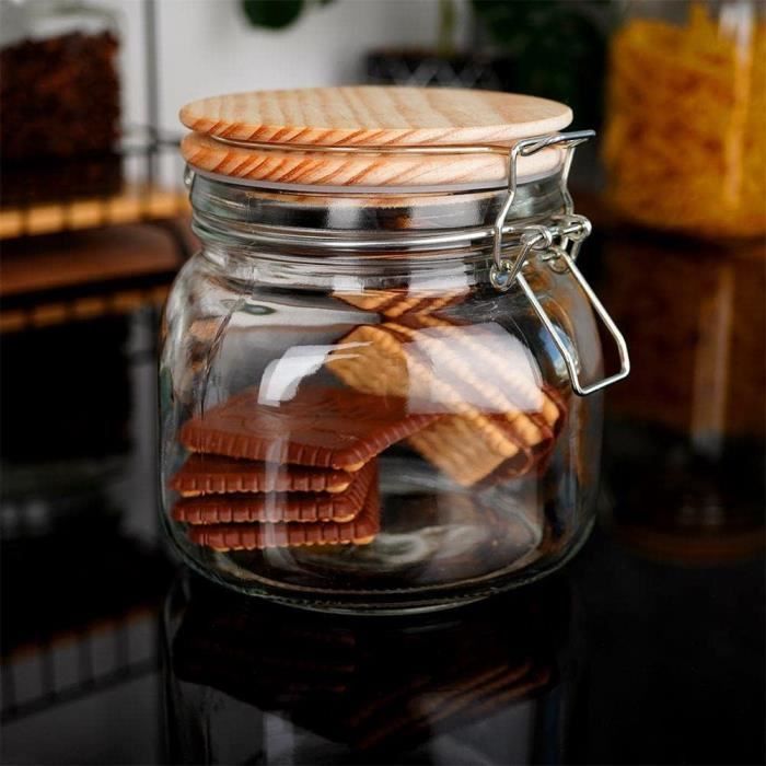 Set De 4 Bocaux En Verres Avec Couvercle En Bois – Contenants De Conservation Pour Cafe Sucre Thee Et Epices