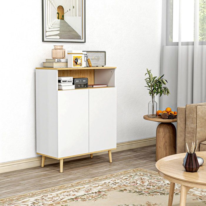 HOMCOM Buffet Style Scandinave 78x40x78cm - Meuble Rangement 2 Portes Chevron Avec Étagère Réglable, Chêne