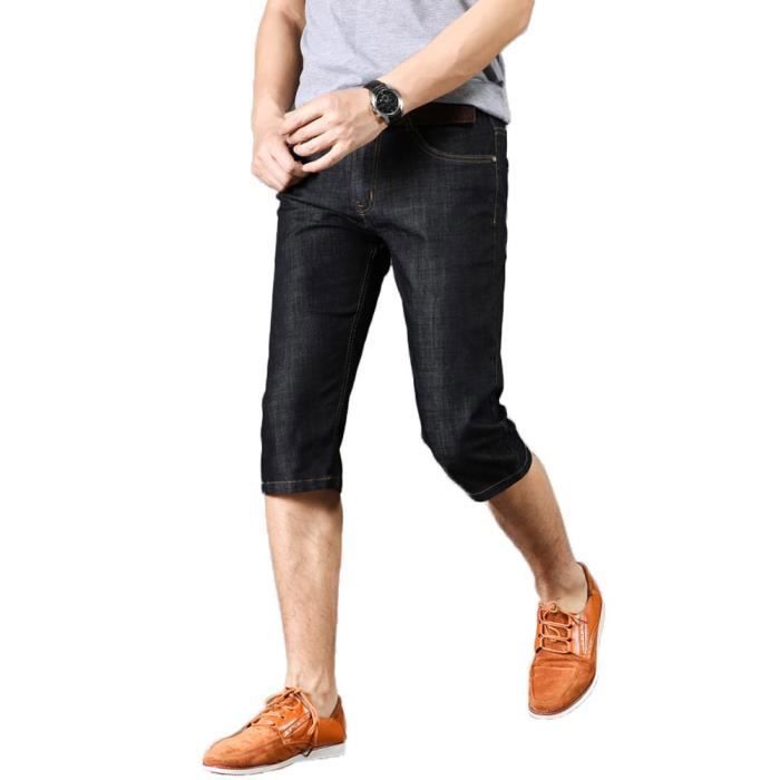 Pantacourt Homme en Jeans Stretch Slim Fit Noir Effet Delave
