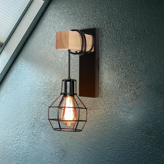 Applique Murale Industrielle Vintage - Cage Métal Et Bois, Douille E27 Max 40W, Pour Chambre, Salon, Salle à Manger