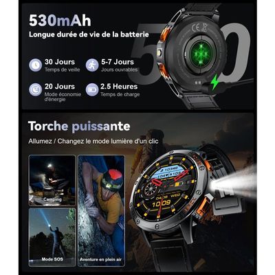 Montre Connectée Homme HIRREO Avec GPS Intégré, Lampe Torche, 110+ Modes Sport, 30 Jours Batterie