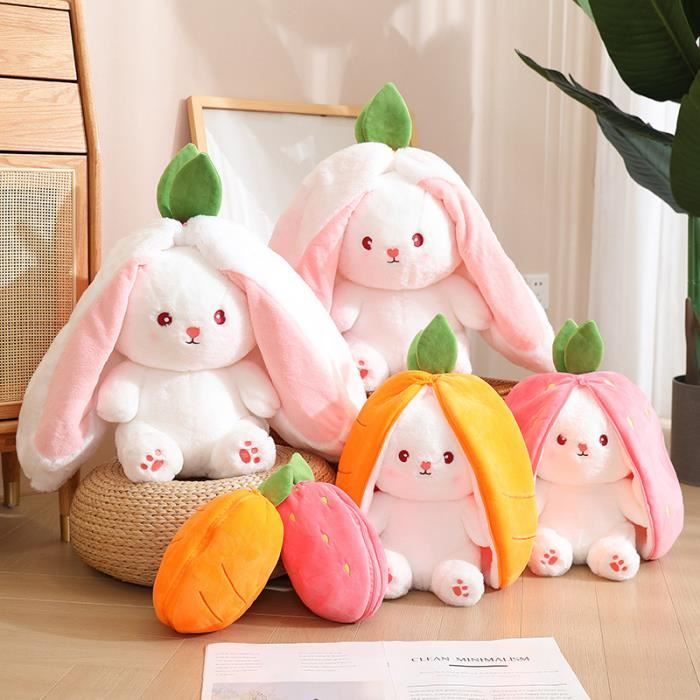 YGSDM Lapin de Pâques en peluche, oreiller réversible en forme de carotte  et fraise, joli lapin spongieux pour canapé, coussin décoratif, jouet en