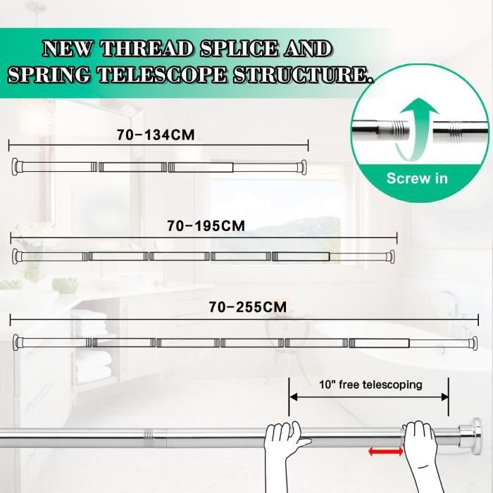Tringle à Rideau De Douche Télescopique Tiemlet - 74-255cm | Sans Perçage, Argenté | Pour Salle De Bain