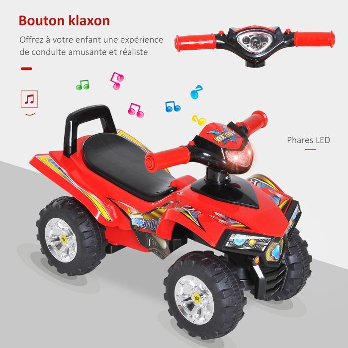 Porteur Quad Enfant HOMCOM 12-36 Mois – Effets Lumineux Et Sonores, Grandes Roues, Rouge/noir