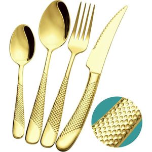 Ensemble De Couverts 24 Pièces Or/Argent Martelé - Moderne - Acier Inoxydable