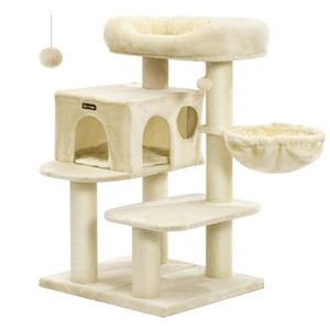 ARBRE À CHAT Arbre à chat, Hauteur de 112 cm, Grande plate-forme, grotte, hamac, Troncs épais en sisal, couleur beige, PCT01M, FEANDREA