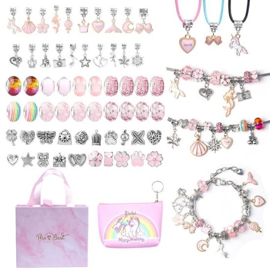 CICIGETI Kit Bijoux Fille 5-12 Ans - Coffret Bracelet Et Collier Avec 60 Perles Et Pendentifs (Licorne, Sirène, Dauphin) - Jouet Créatif DIY - Cadeau Anniversaire Ou Noël