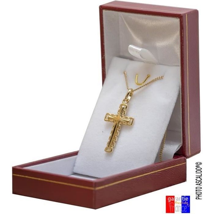 Ensemble croix motif dentelle de 3cm en plaqué Or 18 kt poinçonné collier avec pendentif et chaine 50cm pour homme femme