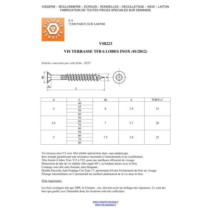 VIS DECK TETE FRAISEE BOMBEE TFB TORX T20 4.5X60 INOX C2 P - conditionnement:200 pieces