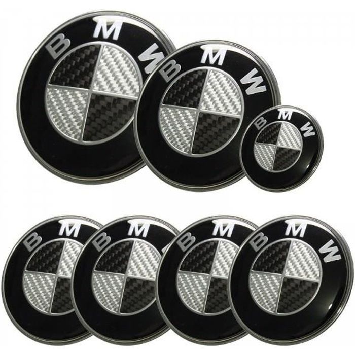 Kit 7 logo emblème BMW carbon noir : capot + coffre + volant + centre de roues neuf