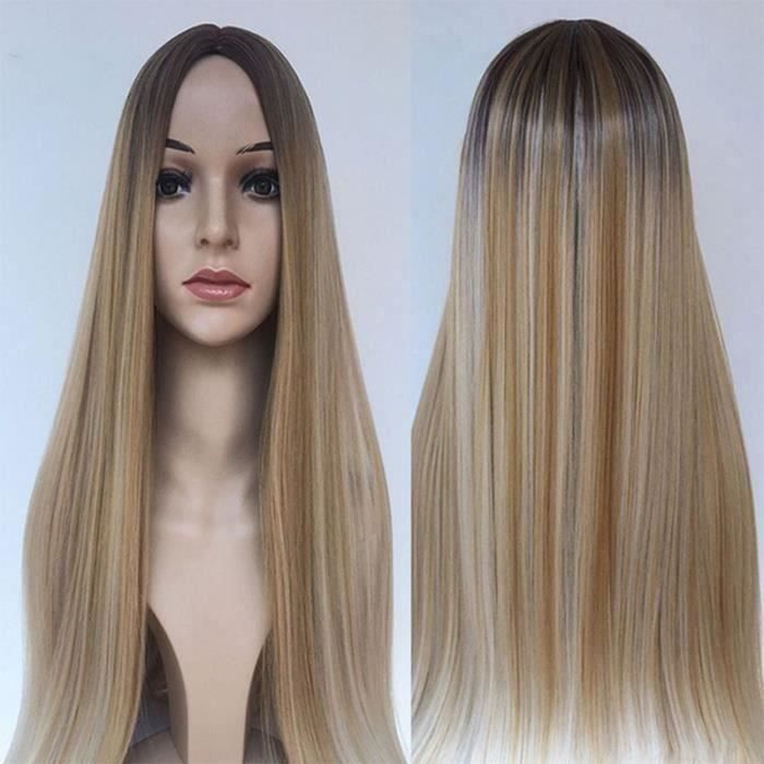70cm Perruque Cheveux Raides Moyens Défrisage Blonde Teinture Gradient L34373