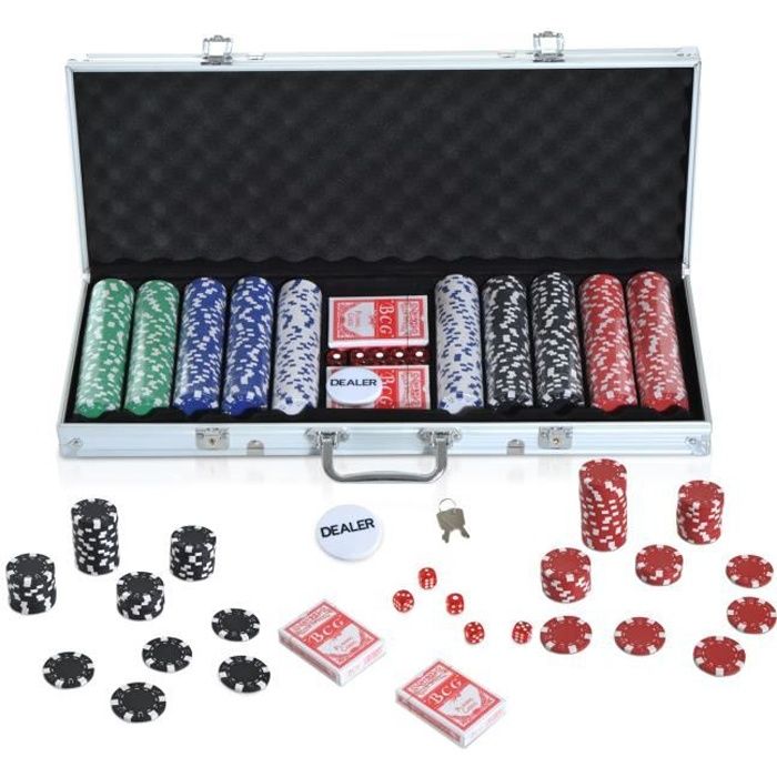 HOMCOM Mallette de Poker Coffret de Poker Complet avec 500 jetons 2 Jeux de Cartes + 5 dés Bouton Dealer 2 clés alu.