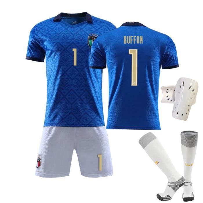 Maillot de Football Italie Domicile 2020-2021 1 Buffon Collection d'Italie Bleu Tenue + Chaussette + Support Protection pour Adulte