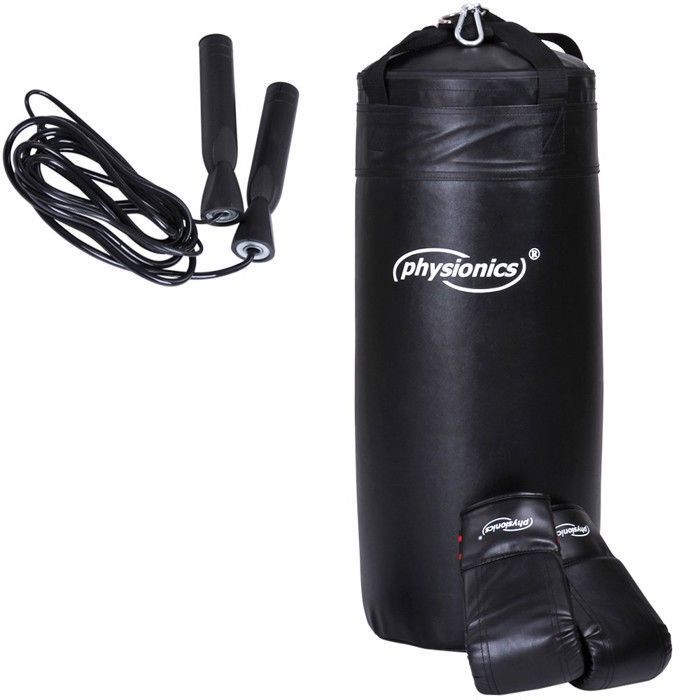 Physionics® Sac de Frappe pour Enfants - Rempli, avec Gants, Mousqueton et Corde à Sauter - Sac de Boxe Junior, Punching Bag