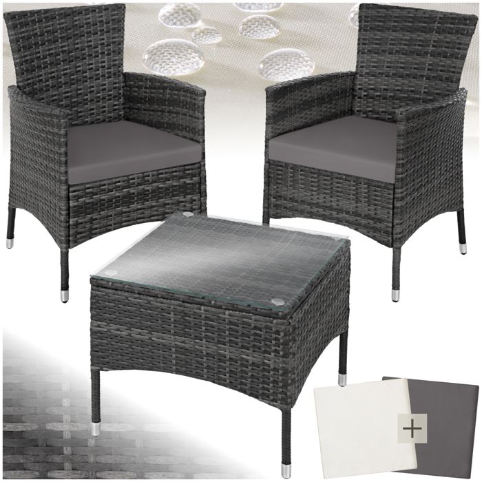 TECTAKE Salon de jardin LUCERNE - 2 Chaises Fauteuils et 1 Table en Résine Tressée Gris