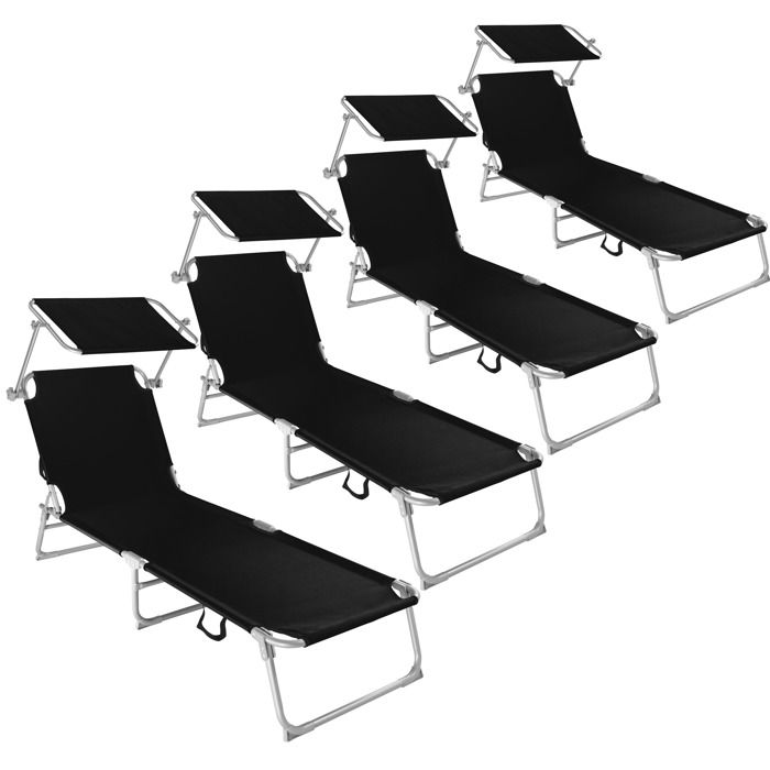 TECTAKE Transat Jardin de Bain Pliant Inclinable avec Pare Soleil en Acier 190 cm Noir x 4