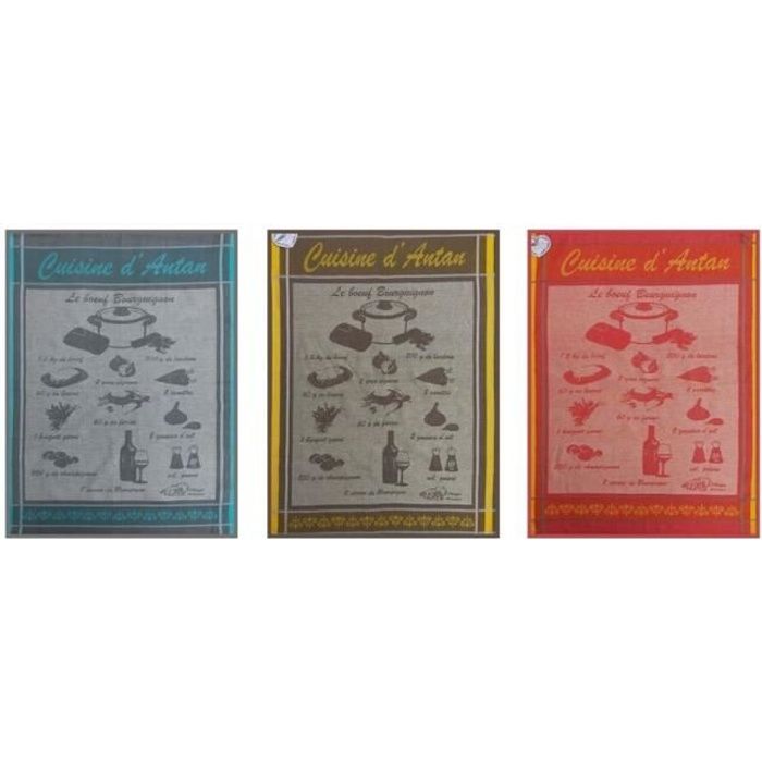 Lot de 3 Torchons Jacquard tissés 100% coton - Cuisine d'Antan - Multicolore - 50x70 cm - Lavable en machine