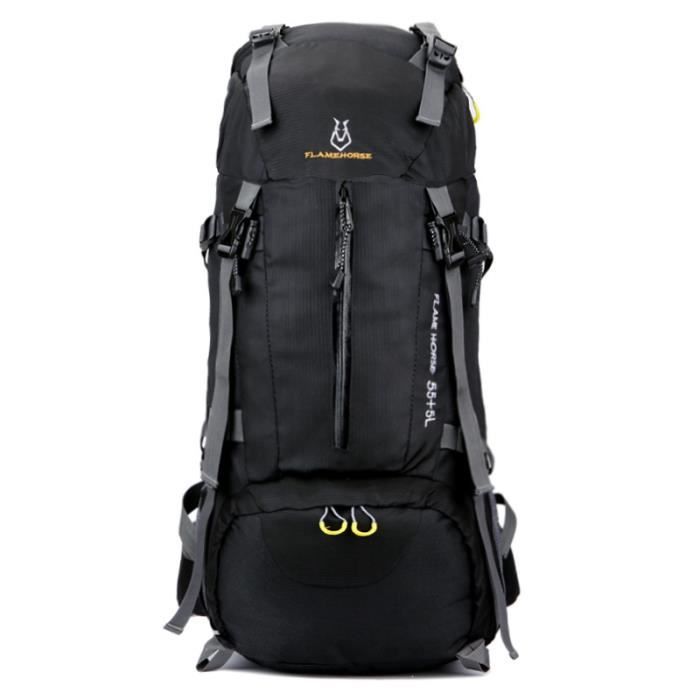 Sac A Dos de Randonnée 60L Multi-Poches Imperméable Activités Extérieurs Bicolore Noir