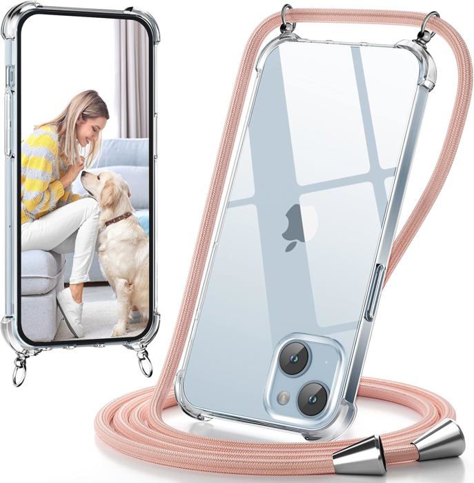 Coque Silicone Transparente Avec Cordon Pour IPhone 16E - Collier Réglable Anti-chute, TPU Souple, Couleur Or Clair