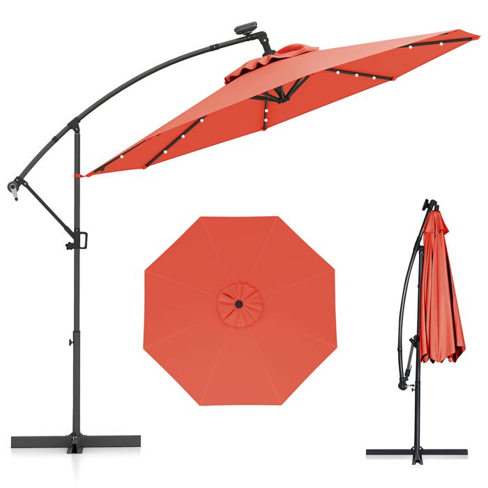 Parasol Déporté φ300 x 245cm - COSTWAY - avec 32 LED - Base Croisée - Réglage dInclinaison - Manivelle - Rotation à 360° - Orange
