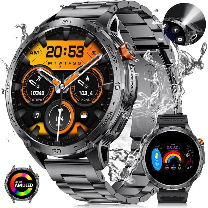 1.75 Grand Écran Amoled Montre Connectée Homme Avec Led Lampe Torche Extérieur Militär Smart Watch Pour Android Ios 100+ Sportmod