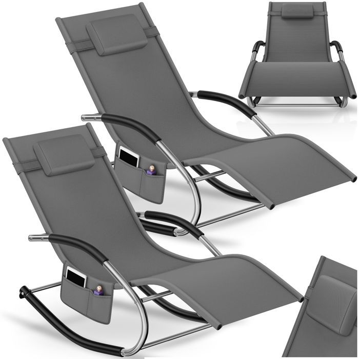 Chaises longues - TECTAKE - Lot de 2 transats de jardin TAYA ergonomique déperlant balancement doux et accoudoirs incurvés - Gris