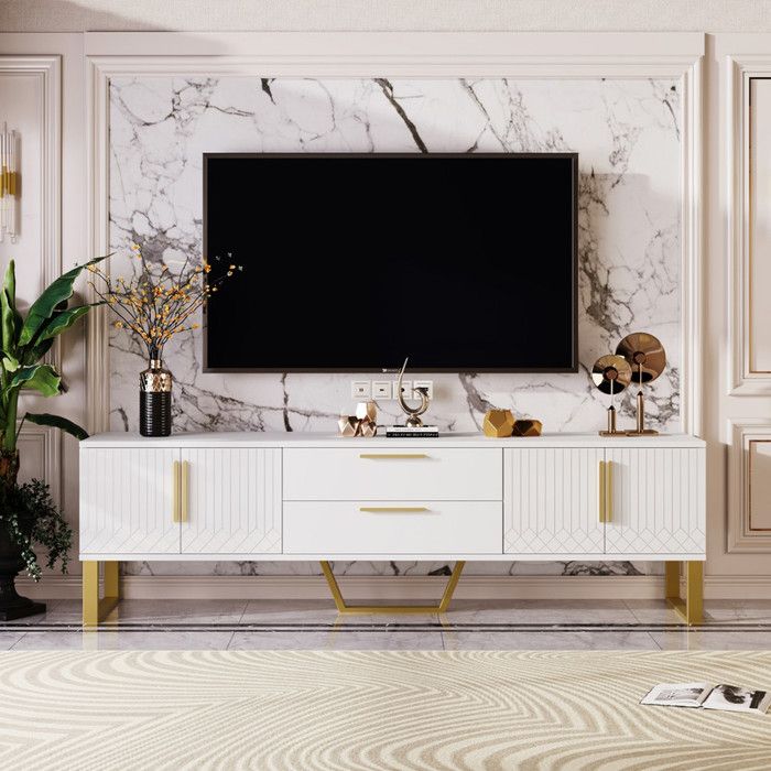 Élégant meuble TV en blanc buffet avec quatre portes et deux tiroirs meuble bas multi-usage pour salon chambre couloir (blanc)