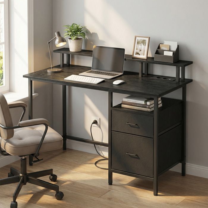 Bureau de Travail Tiroirs en Tissu Station de Charge 120 x 60 cm Noir
