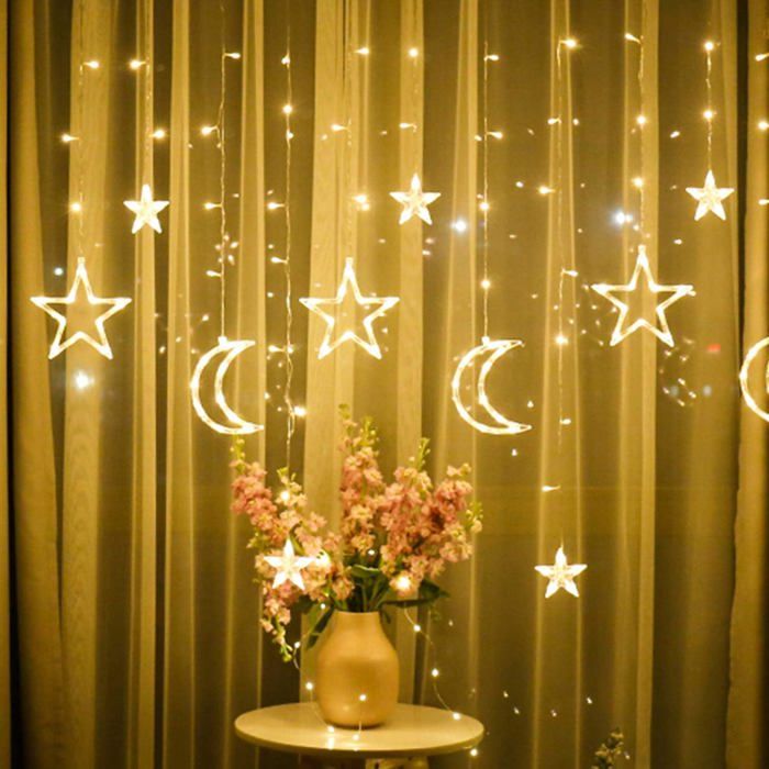 Étoiles Lune Rideau Lumières 3.5m Lune Rideau Lumineux Ramadan LED Guirlande Lumineuse Étoiles Star Rideaux Lumière Lampe