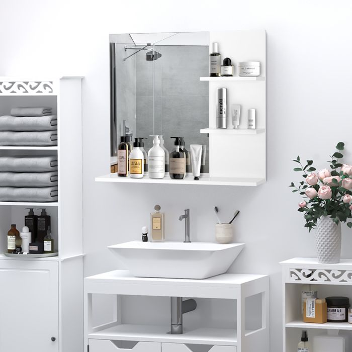 Armoire Murale miroir salle de bain meuble de rangement mural 3 Niveaux de Rangement 60 x 10 x 48 cm Blanc