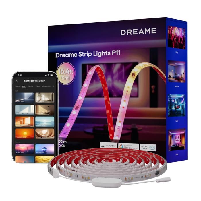Dreame Bande lumineuse LED P11 5m 70+ Modes de scène dynamiques Contrôle multizone RGBICWW Effets lumineux personnalisés