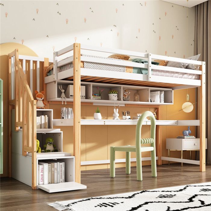 Lit Mezzanine Enfant 90x200 avec Bureau et Étagère - Échelle de Rangement - Barrière - Lit Enfant pour Garçon Fille - Bois Naturel