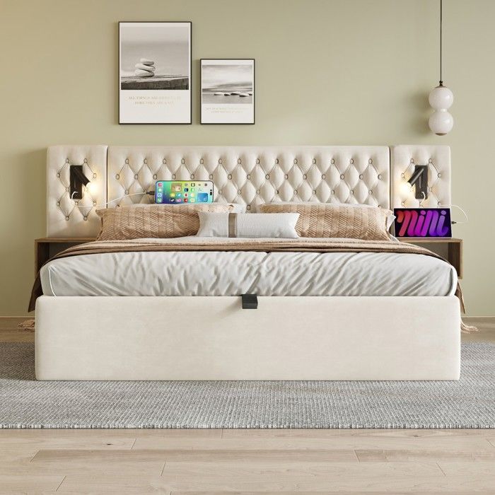 Ensemble de chambre Lit Double 160x200 hydraulique 2 tables de chevet tête de lit velours beige avec lampes et USB Sans Matelas
