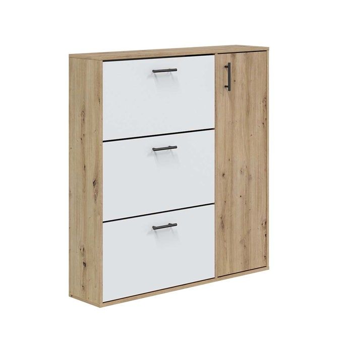 Meuble à chaussures avec 1 porte et 3 abattants coloris Blanc/chêne - Longueur 112 x Hauteur 105 x Profondeur 24 cm Meuble à chaussures avec 1 porte et 3 abattants coloris Blanc/chêne - Longueur 112 x Hauteur 105 x Profondeur 24 cm